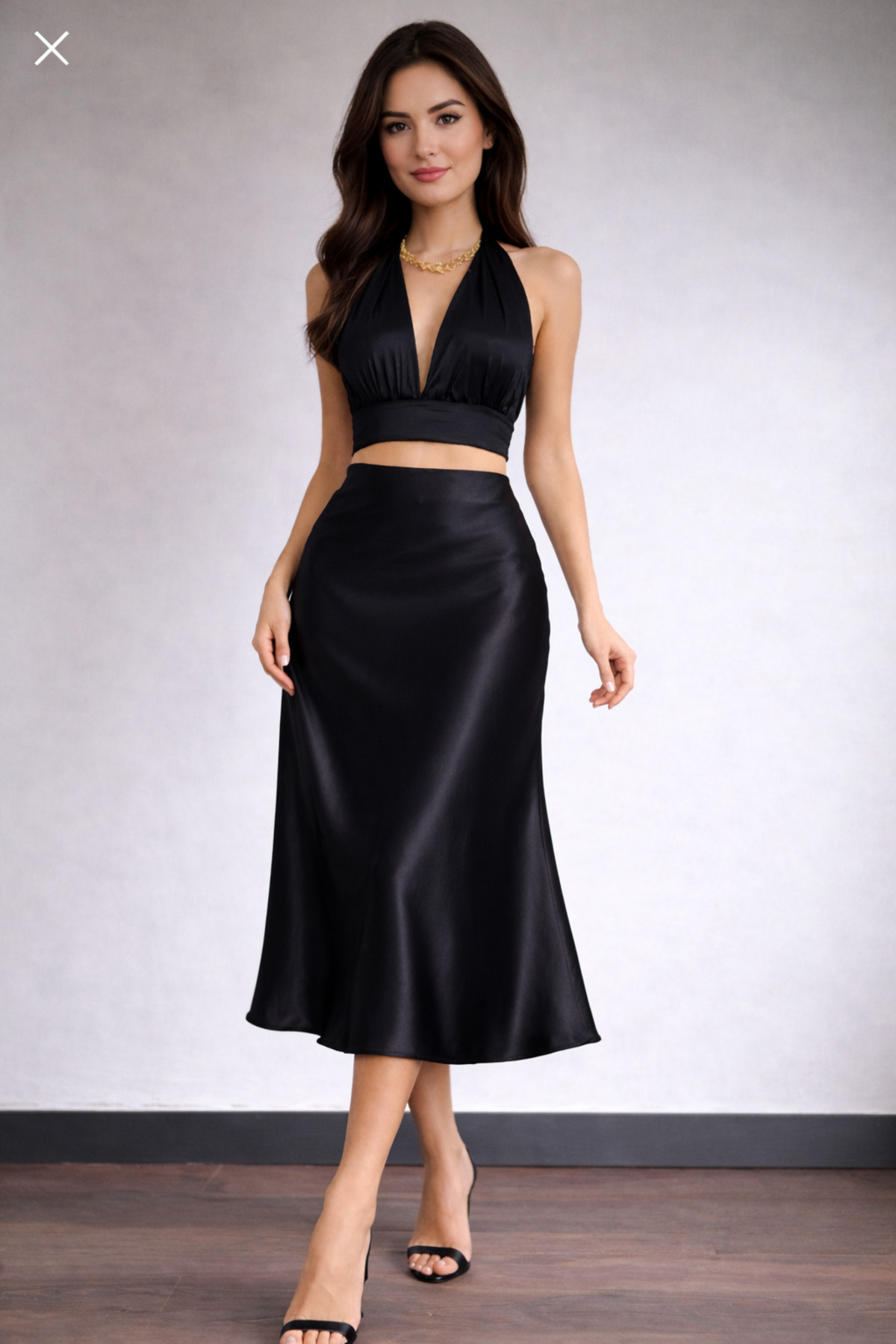 Kahra Collection Siyah Midi Boy Dökümlü Saten Etek görsel 3