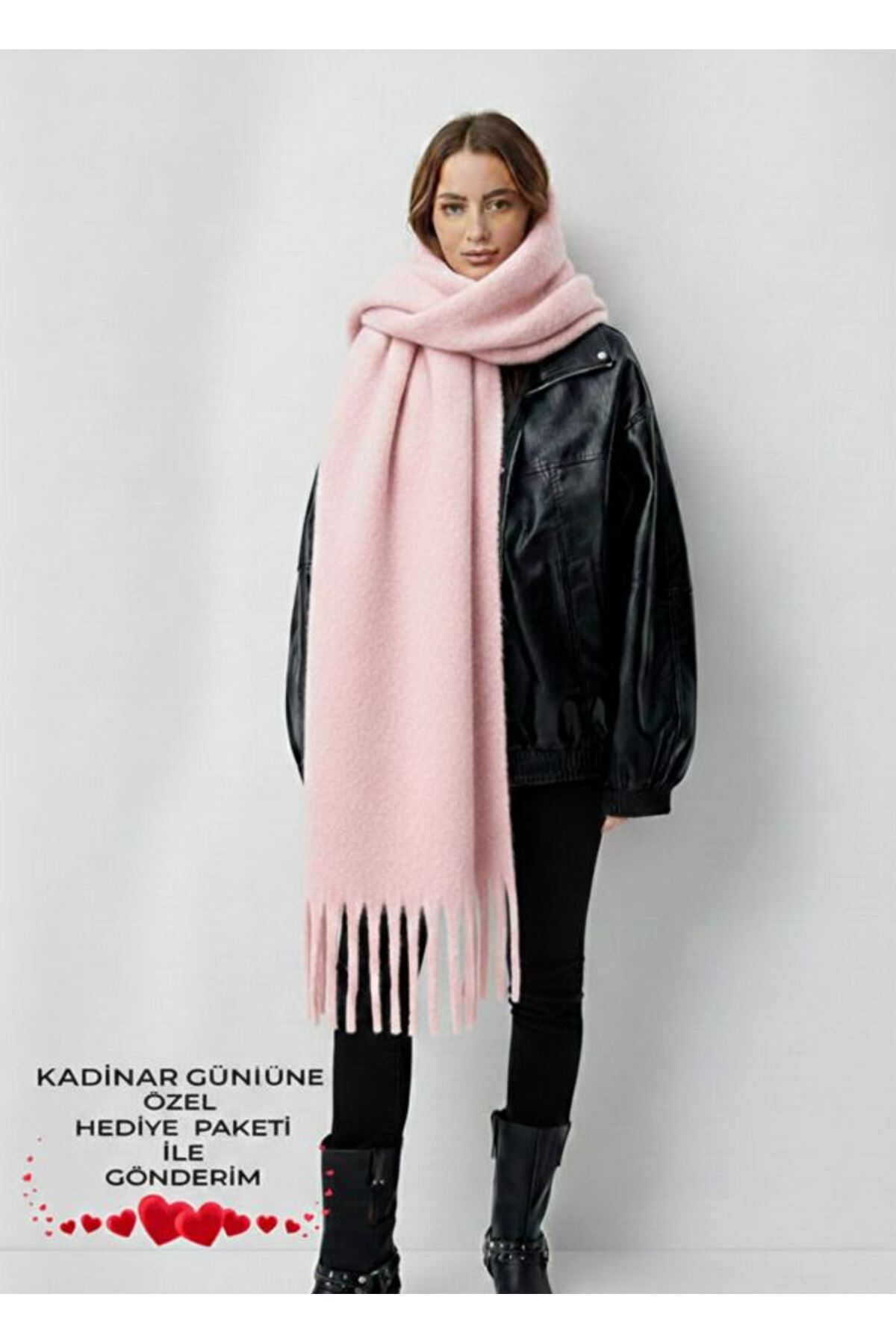 Bermody  Puffy Pembe Yumuşak Dokulu Kadın Atkı Şal Omuz Şalı 50 x 190 cm Sevgililer Günü