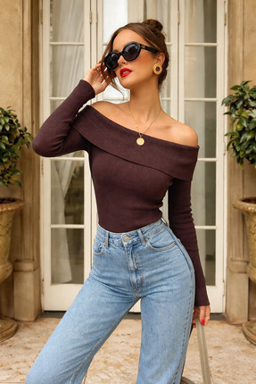 CELİORA STYLE Kadın Kayık Yaka Omuz Açık Fitilli Triko Bluz Uzun Kollu Slim F...