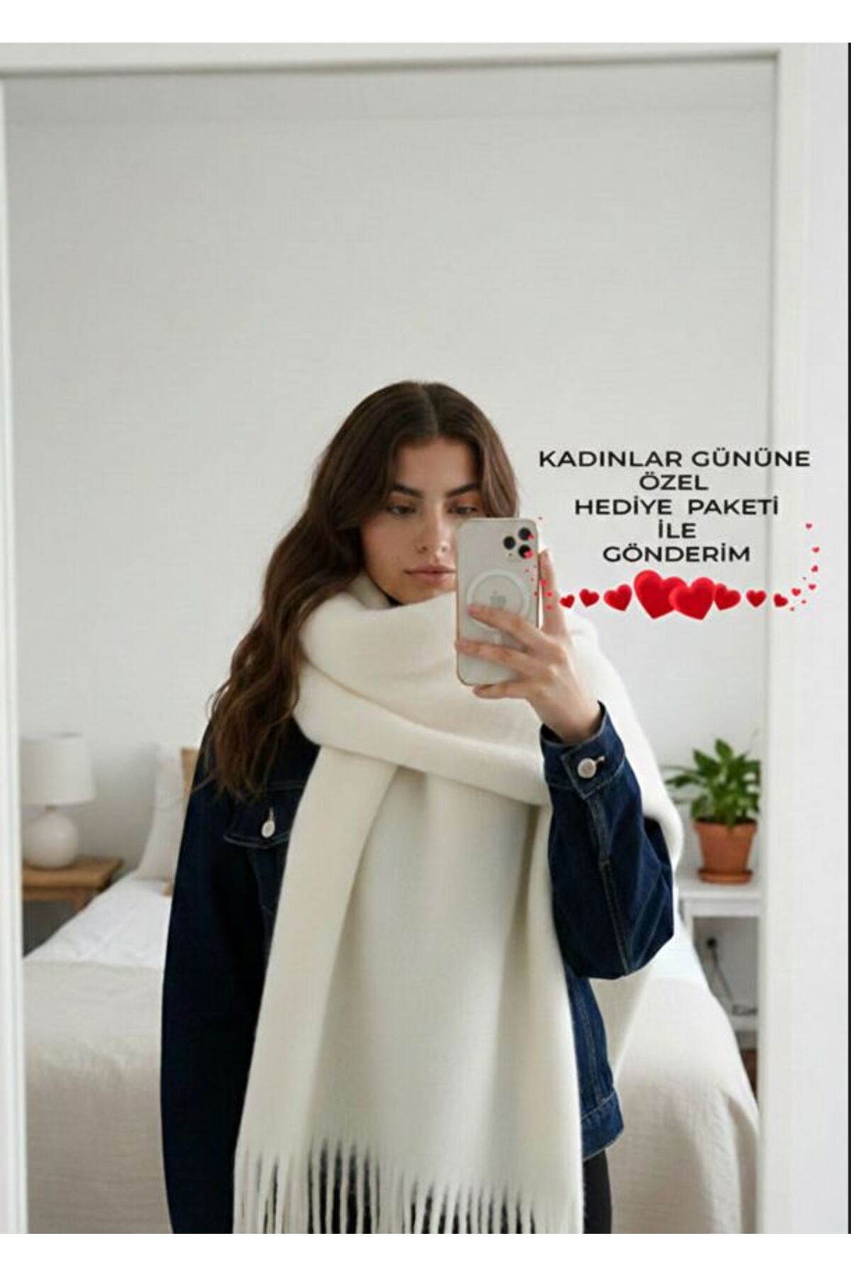 Bermody  Puffy Kırık Beyaz Yumuşak Dokulu Kadın Atkı Şal Omuz Şalı 50 x 190 cm Sevgililer Günü