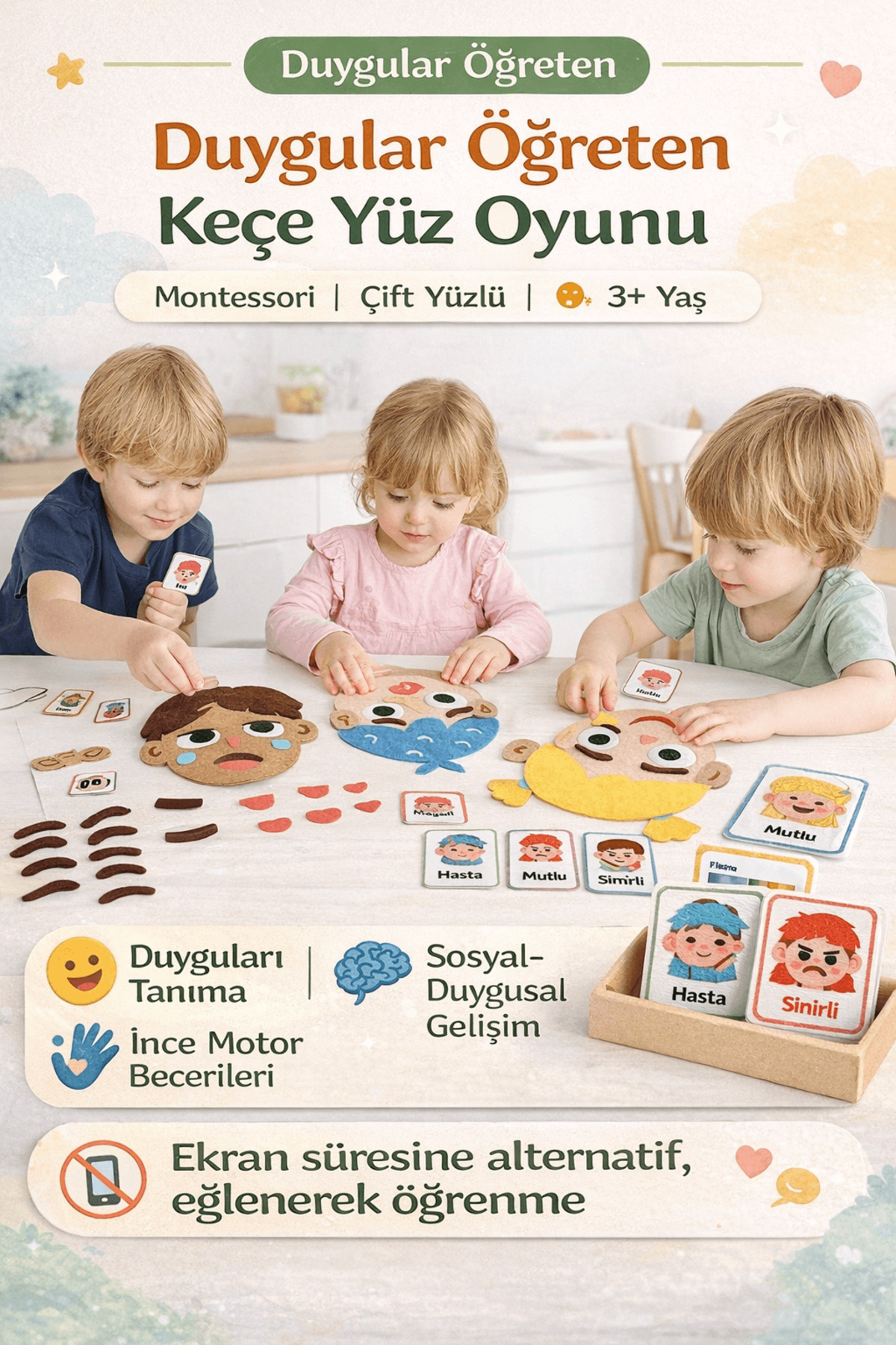 robokids Duygular Öğreten Yüz Değiştiren Keçe Oyuncak | Çift Yüzlü Montessori Eğitim Seti 3+ Yaş fotoğrafı 3 (önizleme)