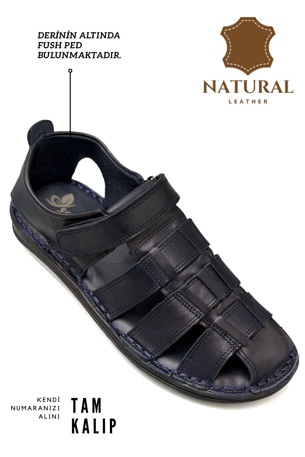 100% Genuine Leather Toe Closed Men's Sandals Navy Blue