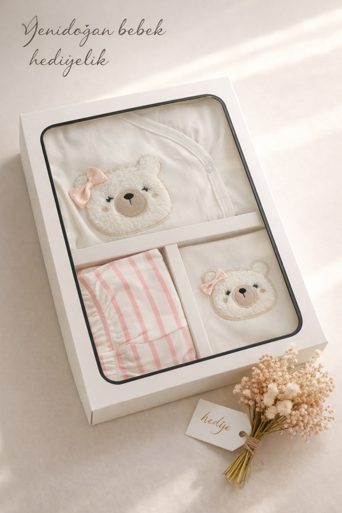 Arin Baby 5 'Lİ FİYONKLU AYICIK DESENLİ %100 PAMUK YENİ DOĞAN KIZ BEBEK HASTANE ÇIKIŞ SETİ/KIZ BEBEK ZIBIN SET fotoğrafı 6 (önizleme)