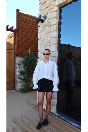 Zey Studio Kadın Beyaz Fırfırlı Kol Detaylı Keten Gömlek