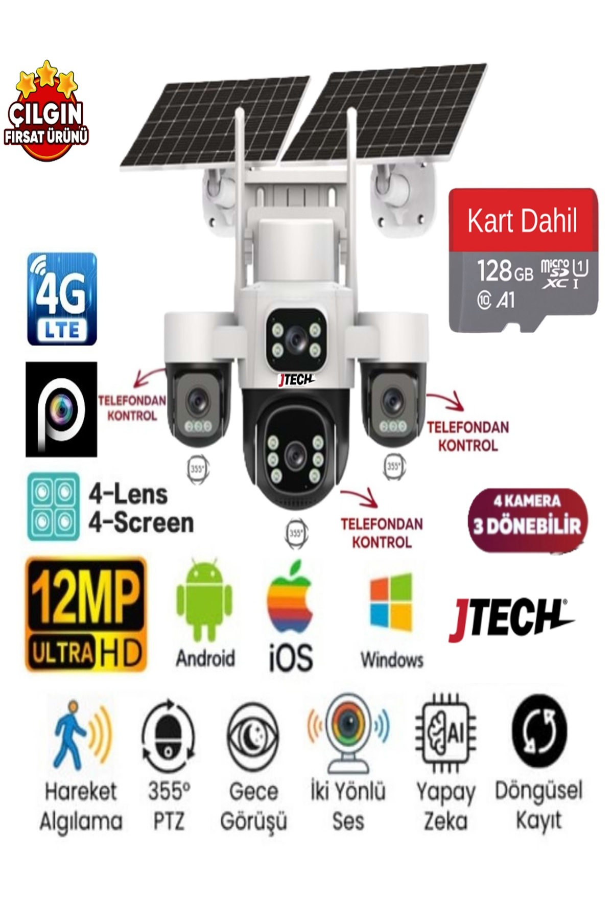 jtech Inox X24 3mp+3mp+3mp+3mp 12MP Aov e-Sim 4g 2xSolar Panelli 4 Kameralı 3 Ptz Akıllı Kamera - Fiyatı, Yorumları