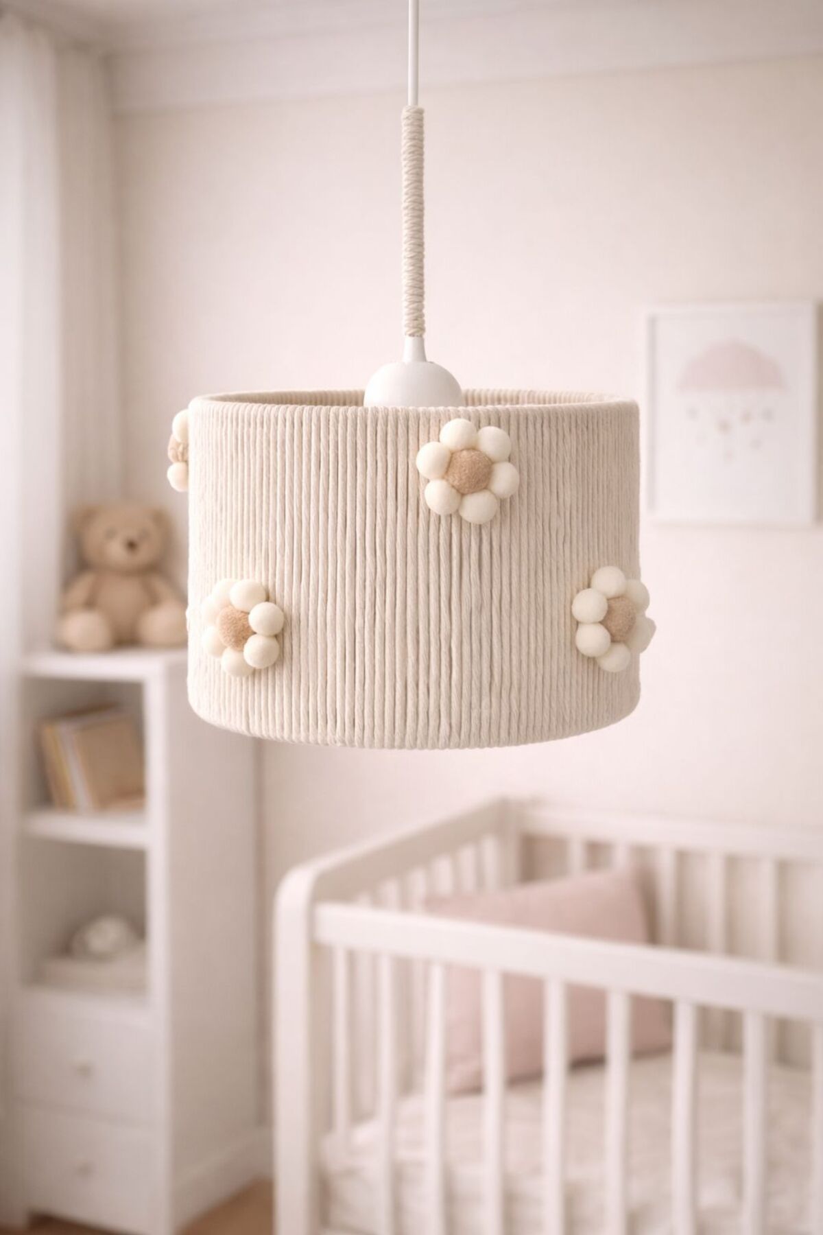 C&A Silindir Makrome Ekru Ip Sargılı Ponpon Çiçekli Genç Odası Bebek Çocuk Odası Tasarım Sarkıt Avize fotoğrafı 2 (önizleme)