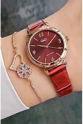 Q&Q Orjinal 2 Yıl Garantili Deri Kayışlı Rose Kasa Kadın Kol Saati Bileklik H...