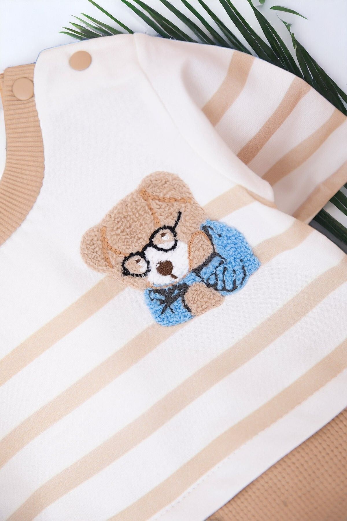 voyyo kids baby Erkek Bebek Mevsimlik Takımı Ayıcık Nakışlı Uzun Kollu Bisiklet Yaka Çizgili Sahte Gömlekli Takım fotoğrafı 3 (önizleme)