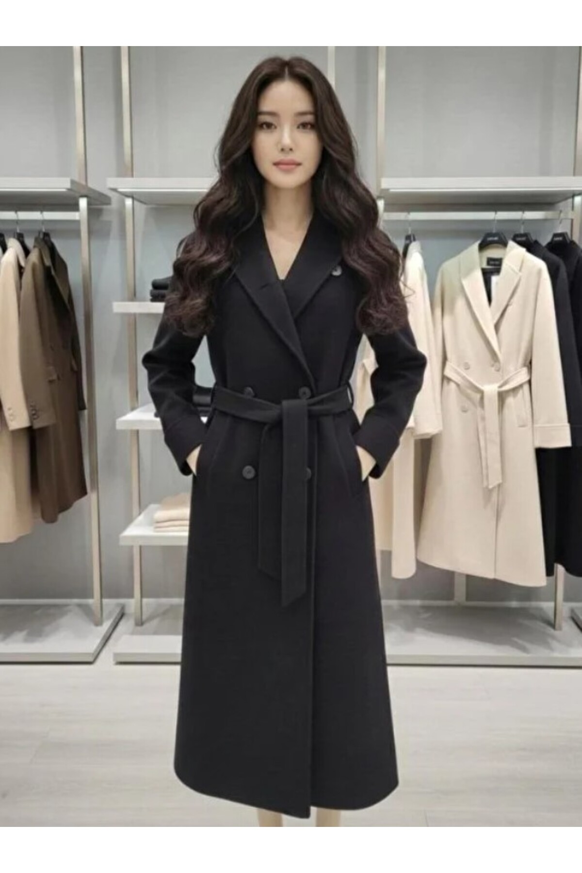 ribana  Kuşaklı Yeni Sezon Astarlı Premium Kalite Rahat Kalıp Kadın Kruvaze Yaka Kaşe Kaban D99581 - Görsel 4