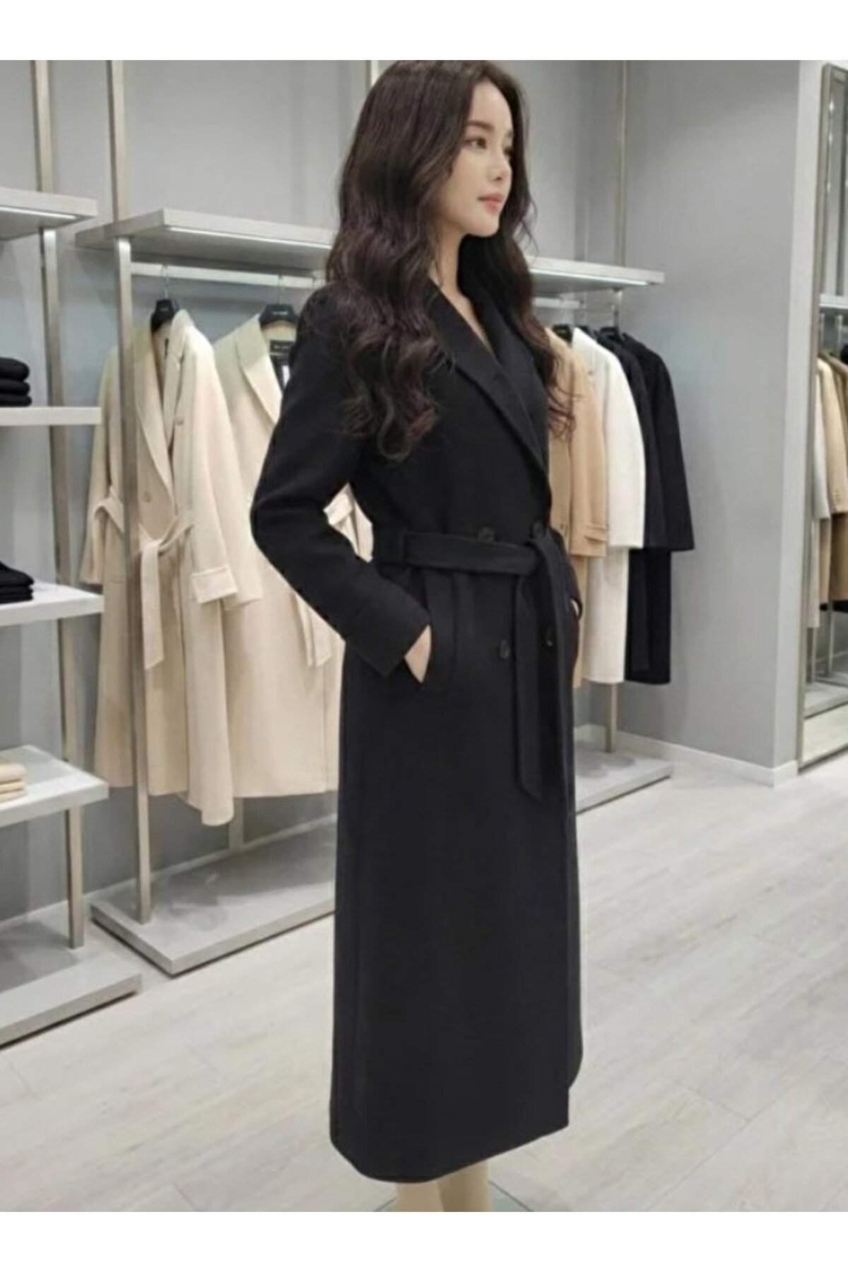 ribana  Kuşaklı Yeni Sezon Astarlı Premium Kalite Rahat Kalıp Kadın Kruvaze Yaka Kaşe Kaban D99581 - Görsel 5