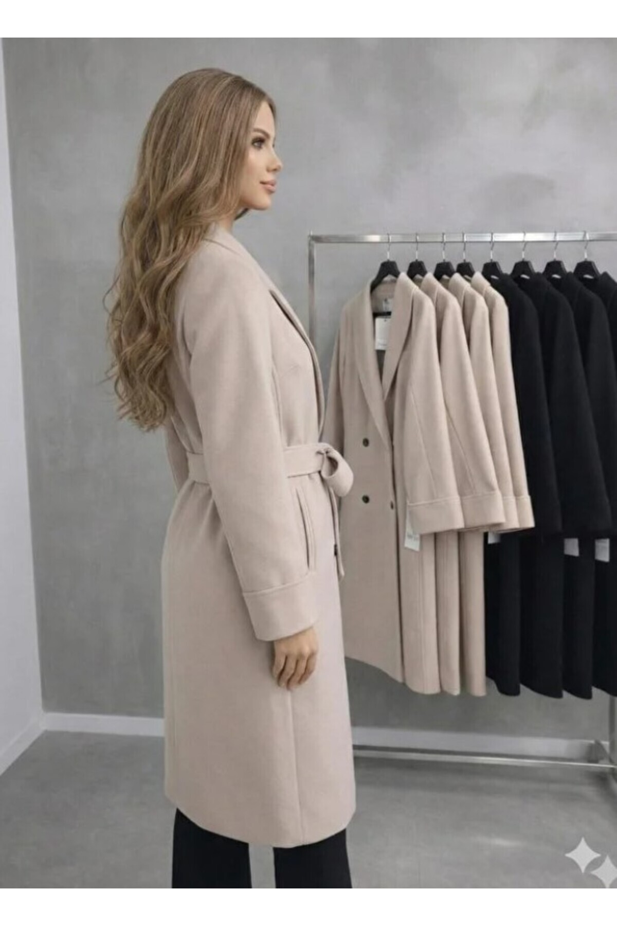 ribana  Kuşaklı Yeni Sezon Astarlı Premium Kalite Rahat Kalıp Kadın Kruvaze Yaka Kaşe Kaban D99581 - Görsel 5
