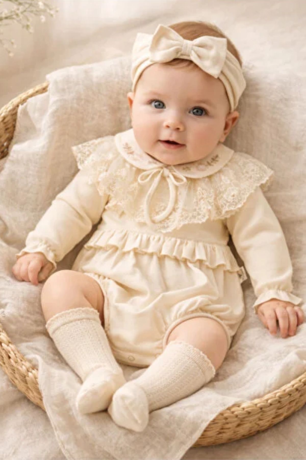 Minytrendy Kız Bebek Vintage Konsept Yenidoğan Tulum Romper Bandanalı Hediyelik Mevlüt Bayramlık Takım fotoğrafı 3 (önizleme)