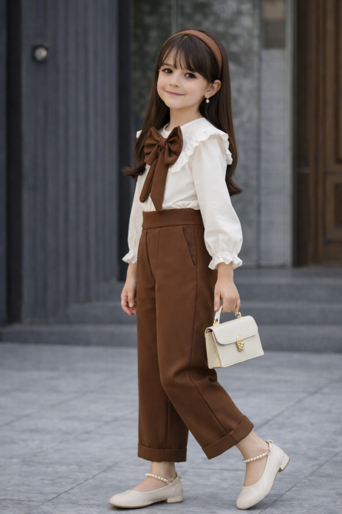 KOKOŞ BEBEK Kız Çocuk Klasik Şık 3’lü Pantolon Gömlek Takımı – Kurdele Broşlu - 2/10 Yaş - 31633 fotoğrafı 2 (önizleme)