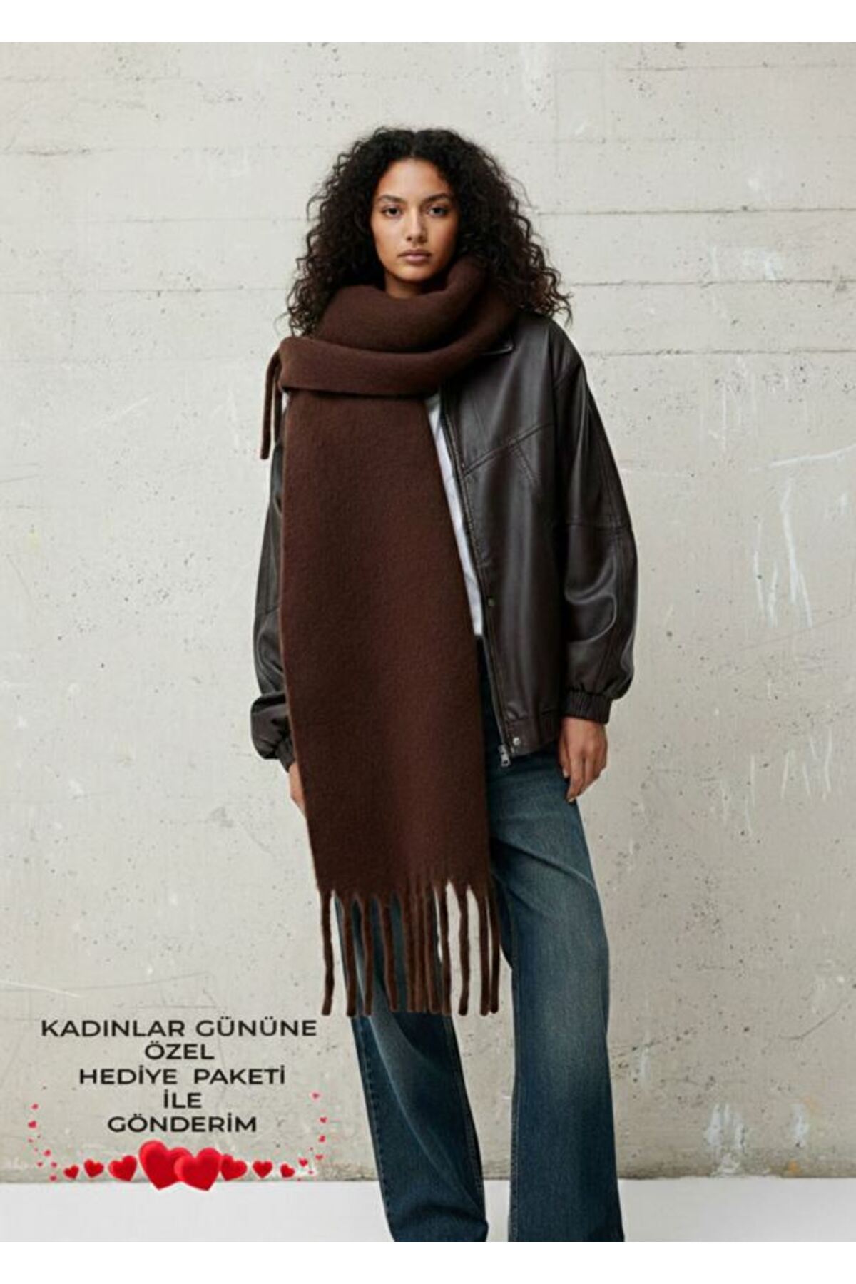 Bermody  Puffy Kahverengi Yumuşak Dokulu Kadın Atkı Şal Omuz Şalı 50 x 190 cm Sevgililer Günü
