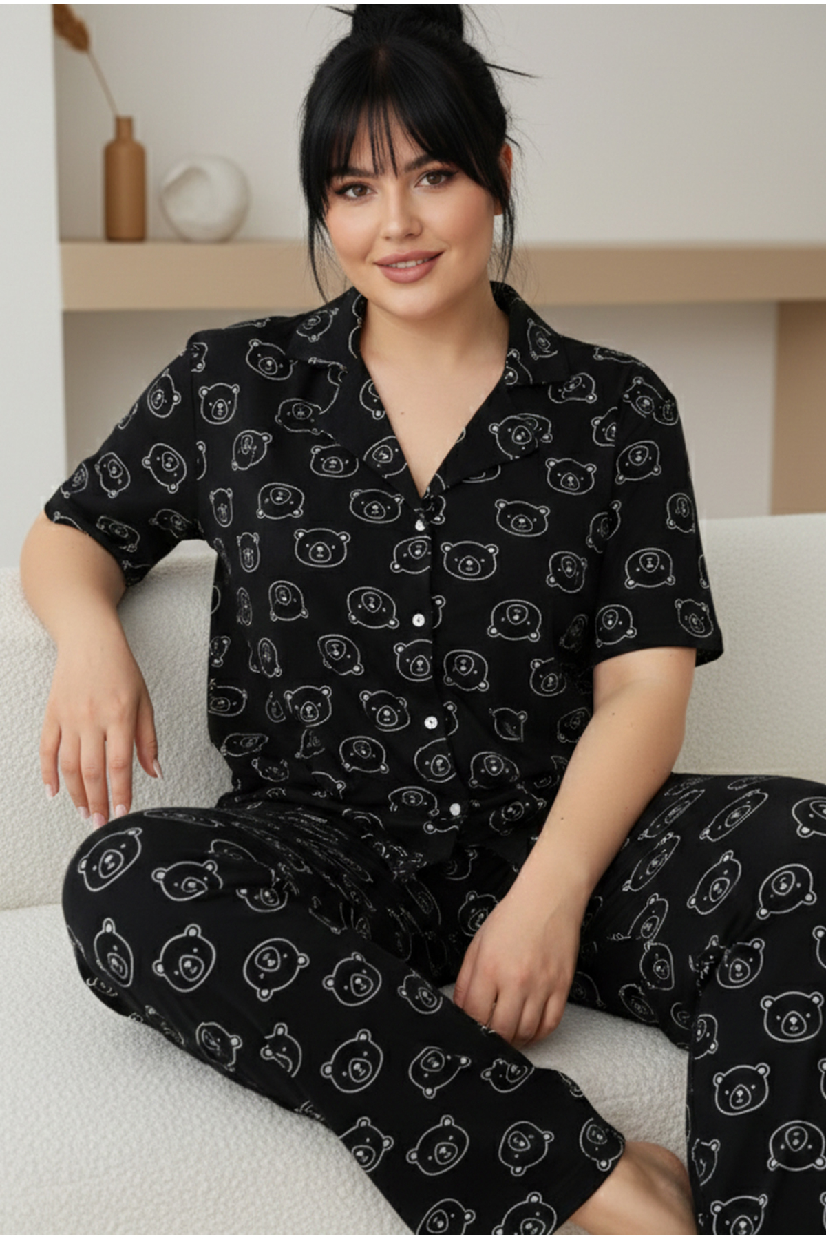 Black Teddy Bear Patterned Curve Plus Size Plus Size Short Sleeve Buttoned Cotton Pajamas Set