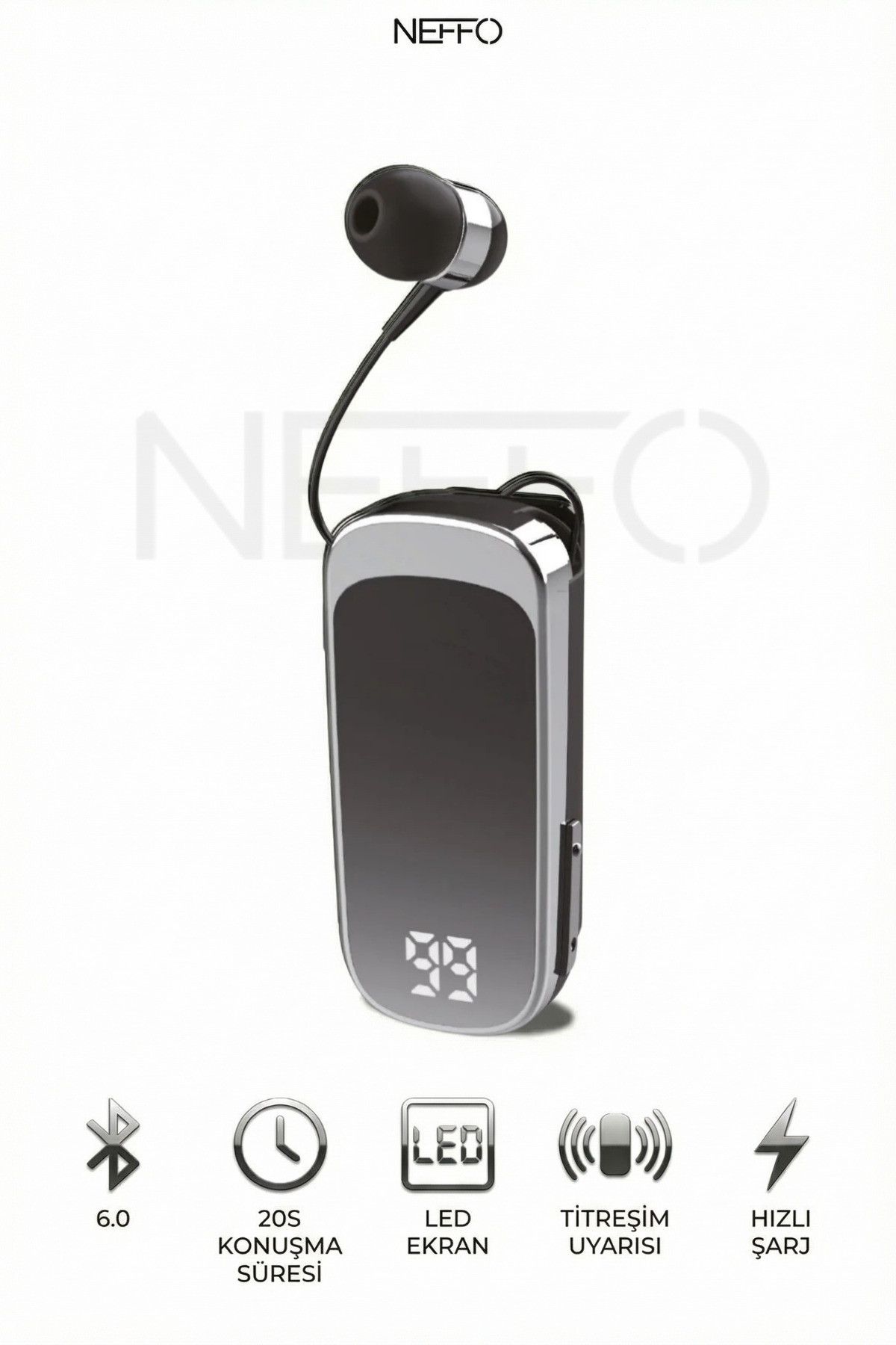 NEFFO Makaralı Kulaklık Bluetooth 6.0 | 20 Saat Konuşma | Dijital Ekran | Titreşimli | Hızlı Şarjlı