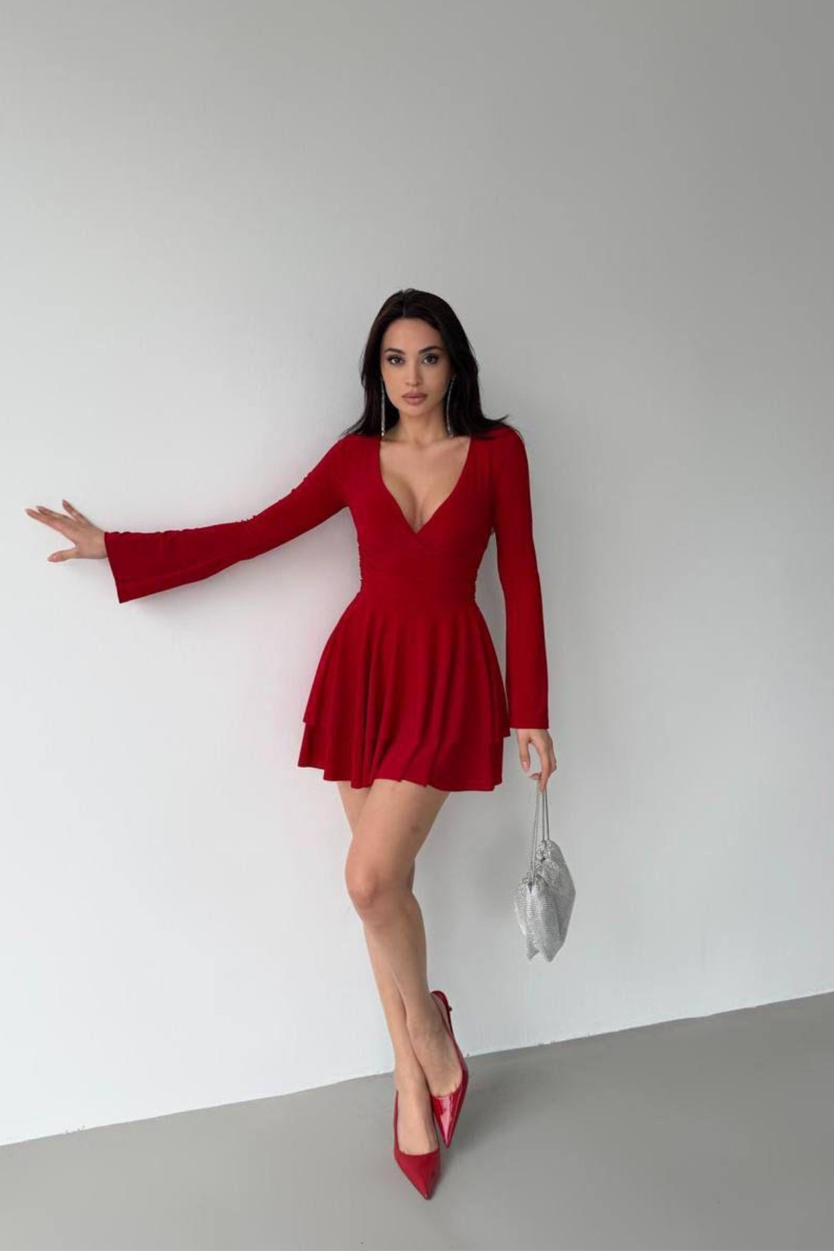 stylish red womens dress v-neck mini evening invitation dress