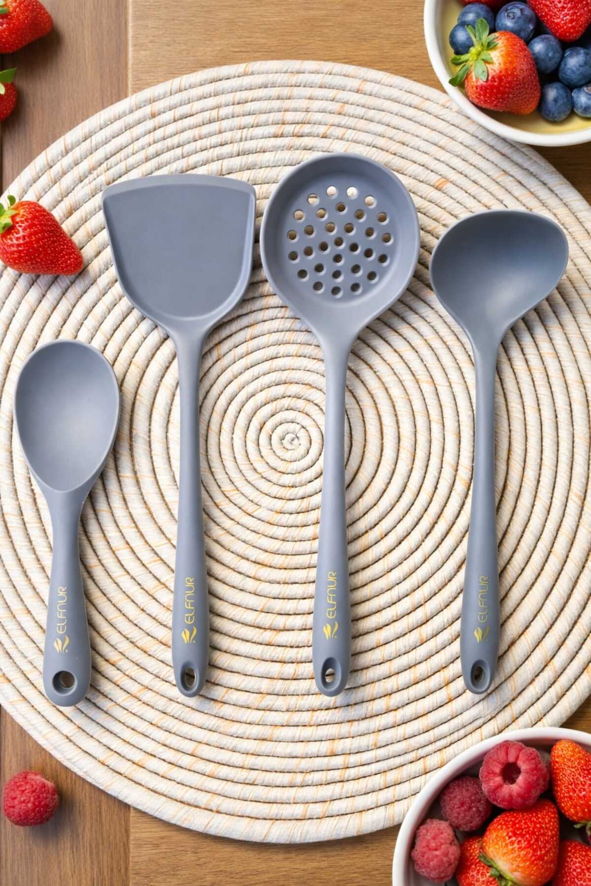 Hard Tip Heat Resistant Silicone Colander Spatula Bucket Spoon Set 4Prch Black