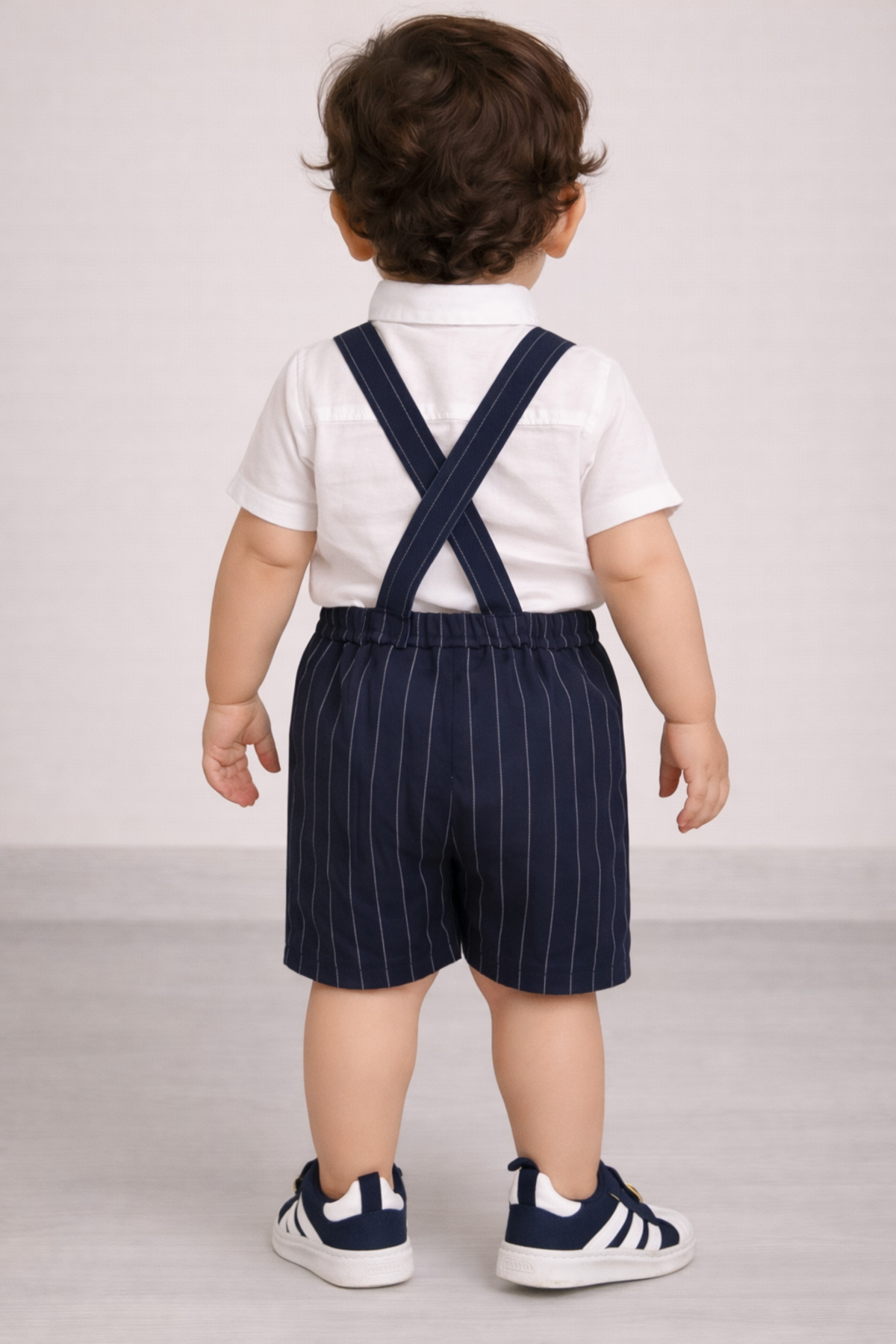 Mika Bebek & Çocuk Lacivert Çizgili Kumaş Erkek Bebek Papyonlu Yazlık Salopet Bayramlık fotoğrafı 3 (önizleme)