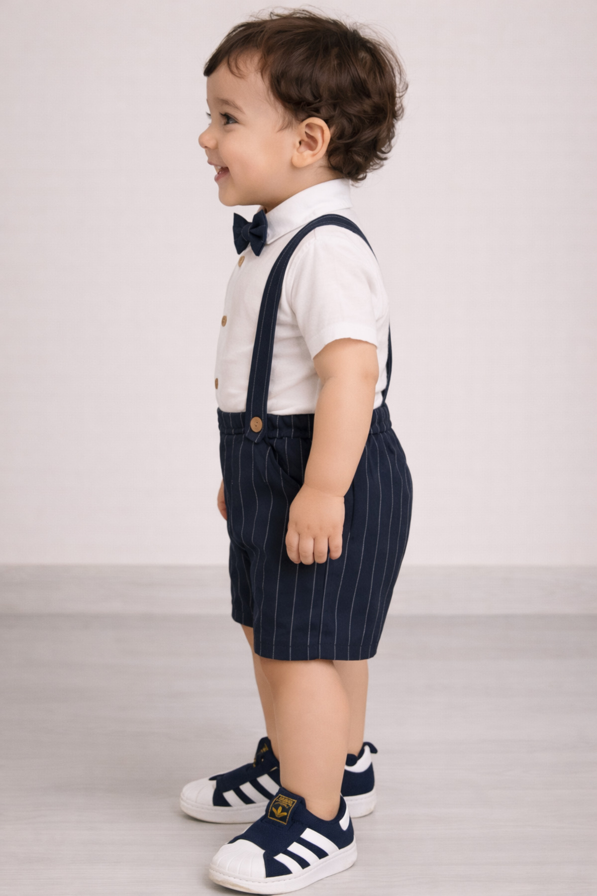 Mika Bebek & Çocuk Lacivert Çizgili Kumaş Erkek Bebek Papyonlu Yazlık Salopet Bayramlık fotoğrafı 2 (önizleme)