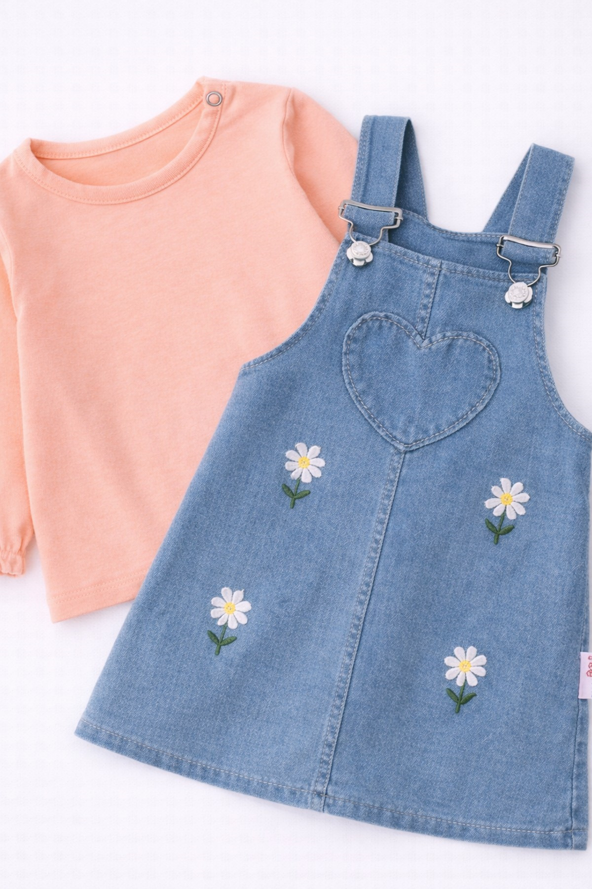 dinamik çocuk Kız Bebek Papatya Nakışlı Kalpli Esnek Kot Görünümlü Jile & Uzun Kollu Badi Takımı– 2'li Set 6Ay–2ya fotoğrafı 5 (önizleme)