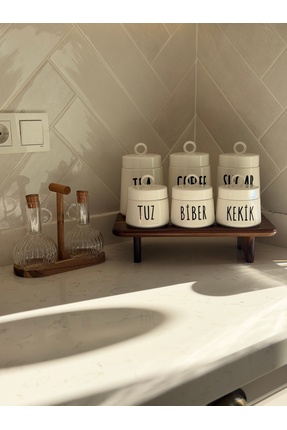 Sade Hediye 6'lı Akasya Stantlı Porselen Baharatlık Seti ve Akasya Yağdanlık