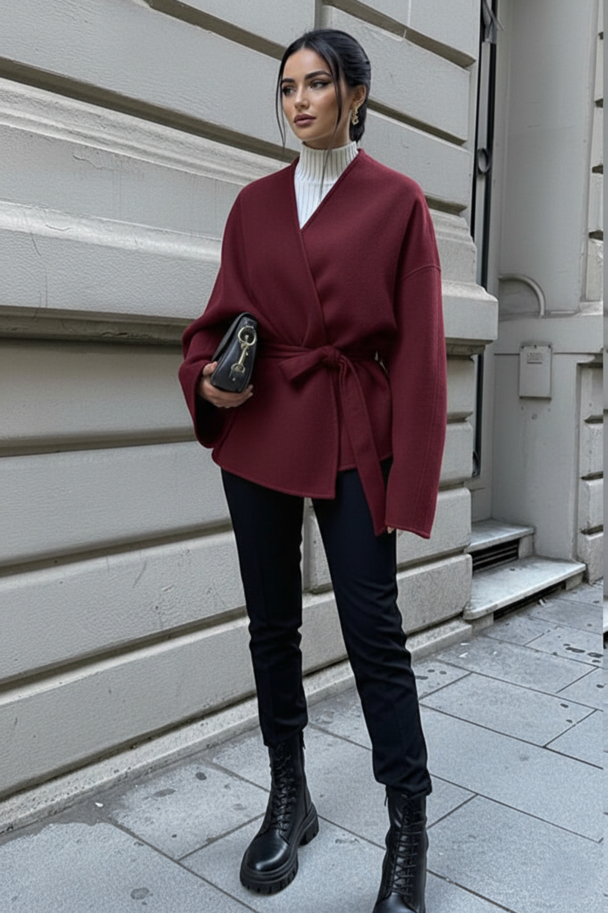 ALFUDO Moda Collection  Bordo Bağlama Detaylı Rahat Kalıp Kaşmir Hırka/Ceket - Görsel 2
