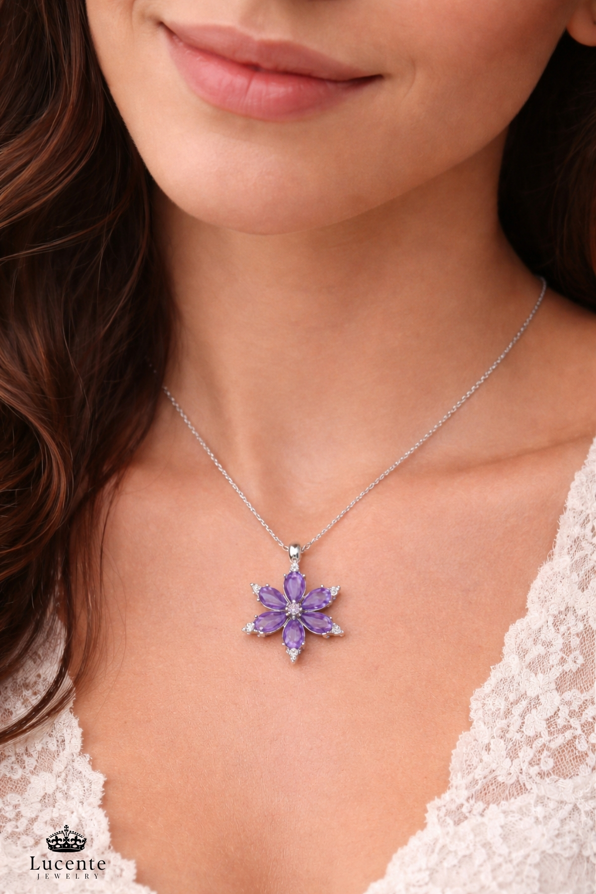 Lucente Jewellery 925 Ayar Aşk Şans Bolluk Bereket ve Zarafetin Simgesi Silver Ametist Taşlı Lotus Kararma Karşıtı Rodyum Gümüş Özel Gün Hediyesi 45 Cm Zincirli Mor Lotus Çiçeği Küpe Hediyeli Şık Kadın Kolye görsel 2