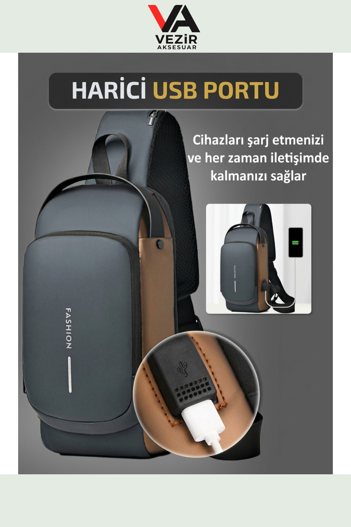 FASHION  USB Şarj Portlu Şifreli Kilitli Su Geçirmez Omuz & Göğüs Çantası | Unisex Şık Tasarım TRY990288 - Görsel 6