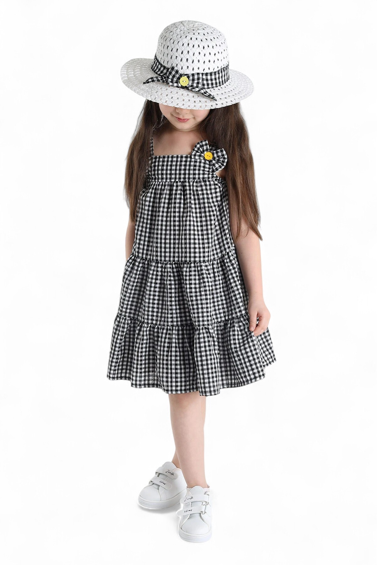 Ege Bebek Kız Çocuk Yazlık Fiyonklu Pötikare Desen Şapkalı 3-4-5-6-7-8-9-10 Yaş Elbise fotoğrafı 5 (önizleme)