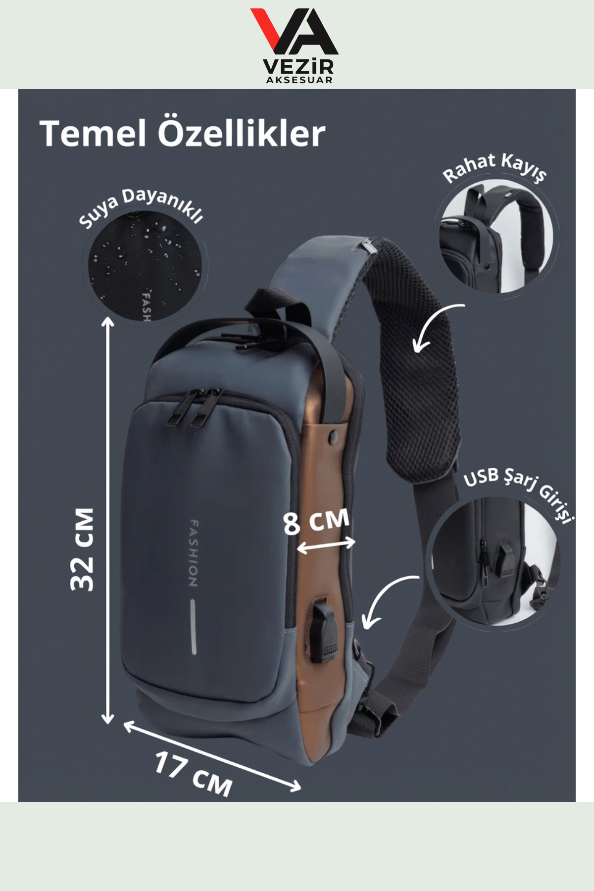 FASHION  USB Şarj Portlu Şifreli Kilitli Su Geçirmez Omuz & Göğüs Çantası | Unisex Şık Tasarım TRY990288 - Görsel 8