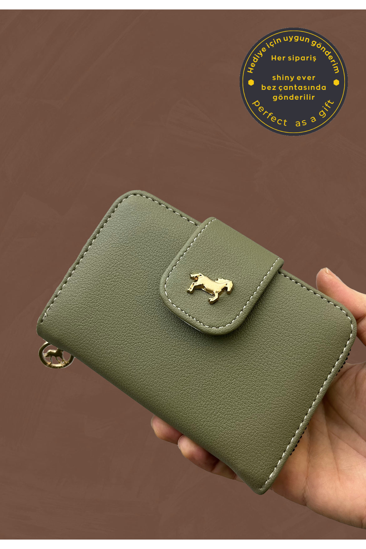 shiny ever  Ortaboy Yeşil Gold Detaylı Kadın Deri Cüzdan