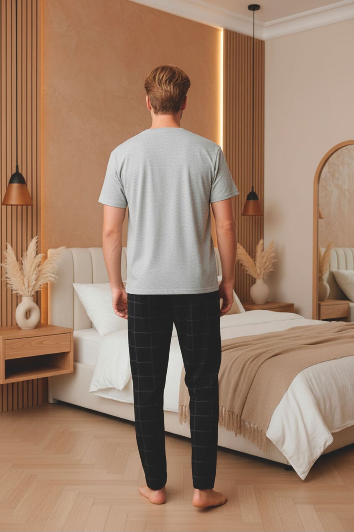 Sude HOMEWEAR  Erkek Ekoseli Cepli Kısa Kollu Pijama Takımı - Görsel 3