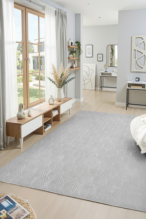 Raschel Carpet Premium Yıkanabilir Leke Tutmaz Yaprak Emboss Açık Gri Özel Se...
