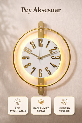 Pey Aksesuar Metal Ahşap Ve Işığın Muhteşem Uyumu Duvar Saati dekoratif
