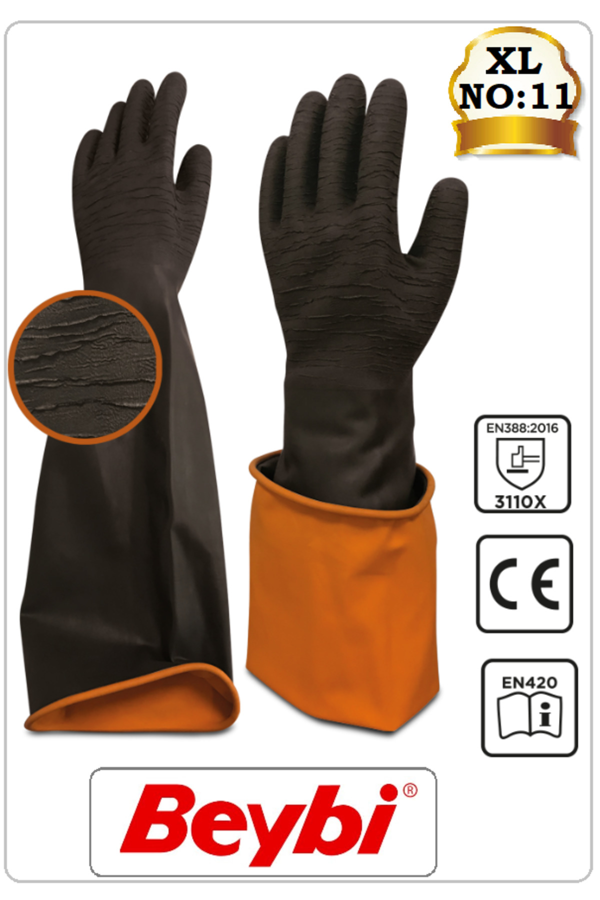 ぴーぴ BEYBİ H2-60EXT KORUN UZUN (60 CM) SİYAH TIRTIKLI ASİT ELDİVENİ (NO