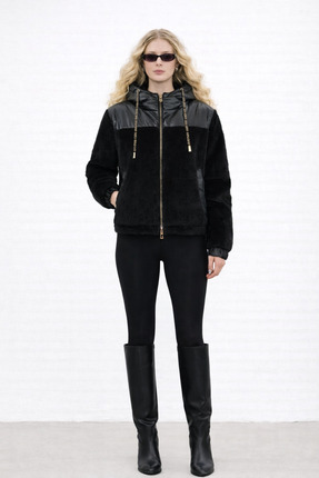 ElieAtelier Kadın Peluş Mont Kapüşonlu Parlak Garnili Fermuarlı Kışlık Günlük