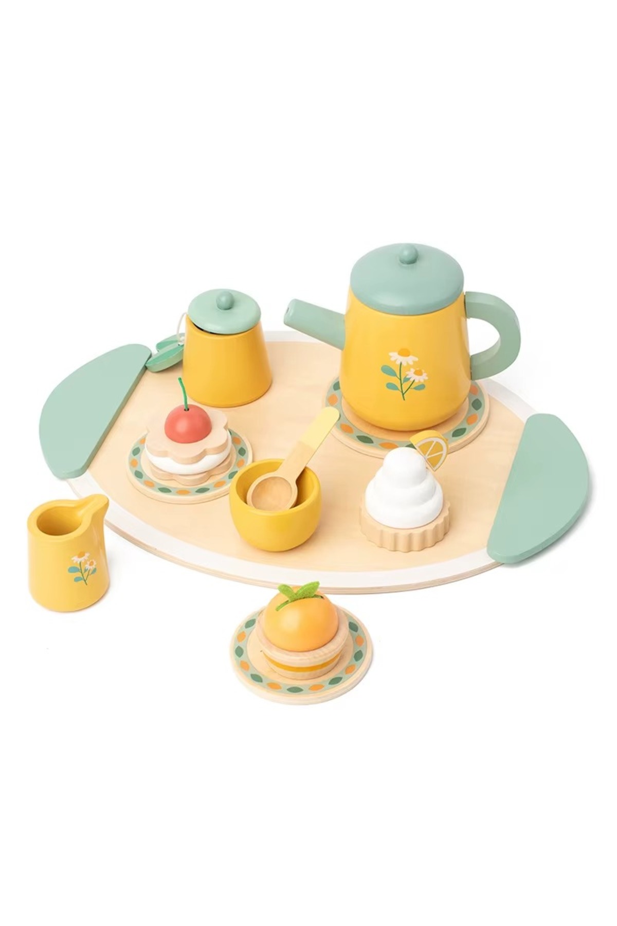Wooden Toy Tea Set with Cake, Montessori Educational Toy Tea Set, Children Role Playing Toy