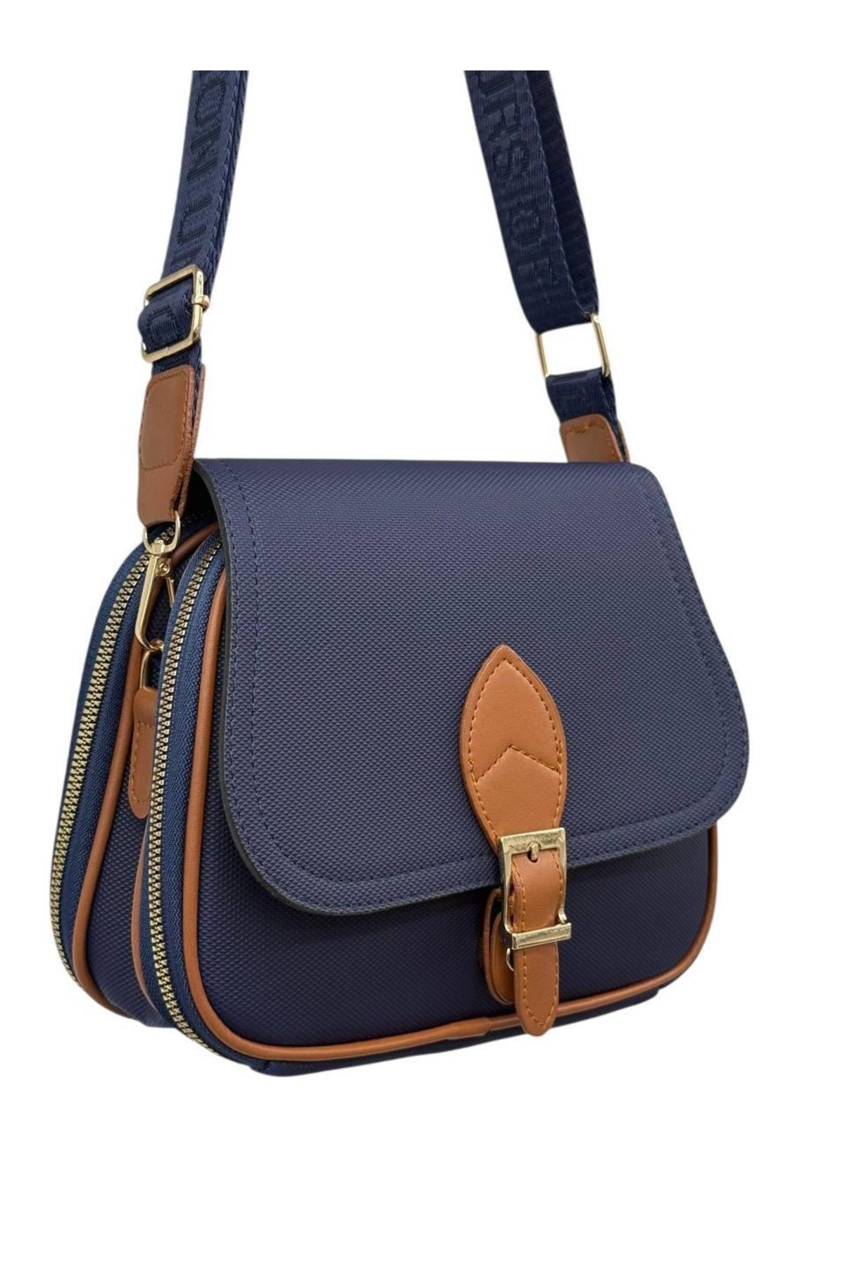 Women's Handy Shoulder Bag with Four Pockets Lid Zipper and Snap Closure