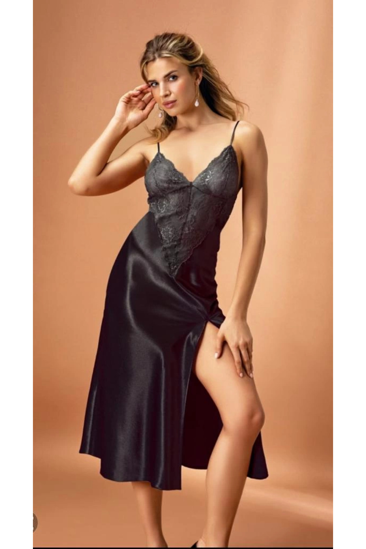 E BULURUM Nurteks 7136 Kadın Saten Uzun Gecelik