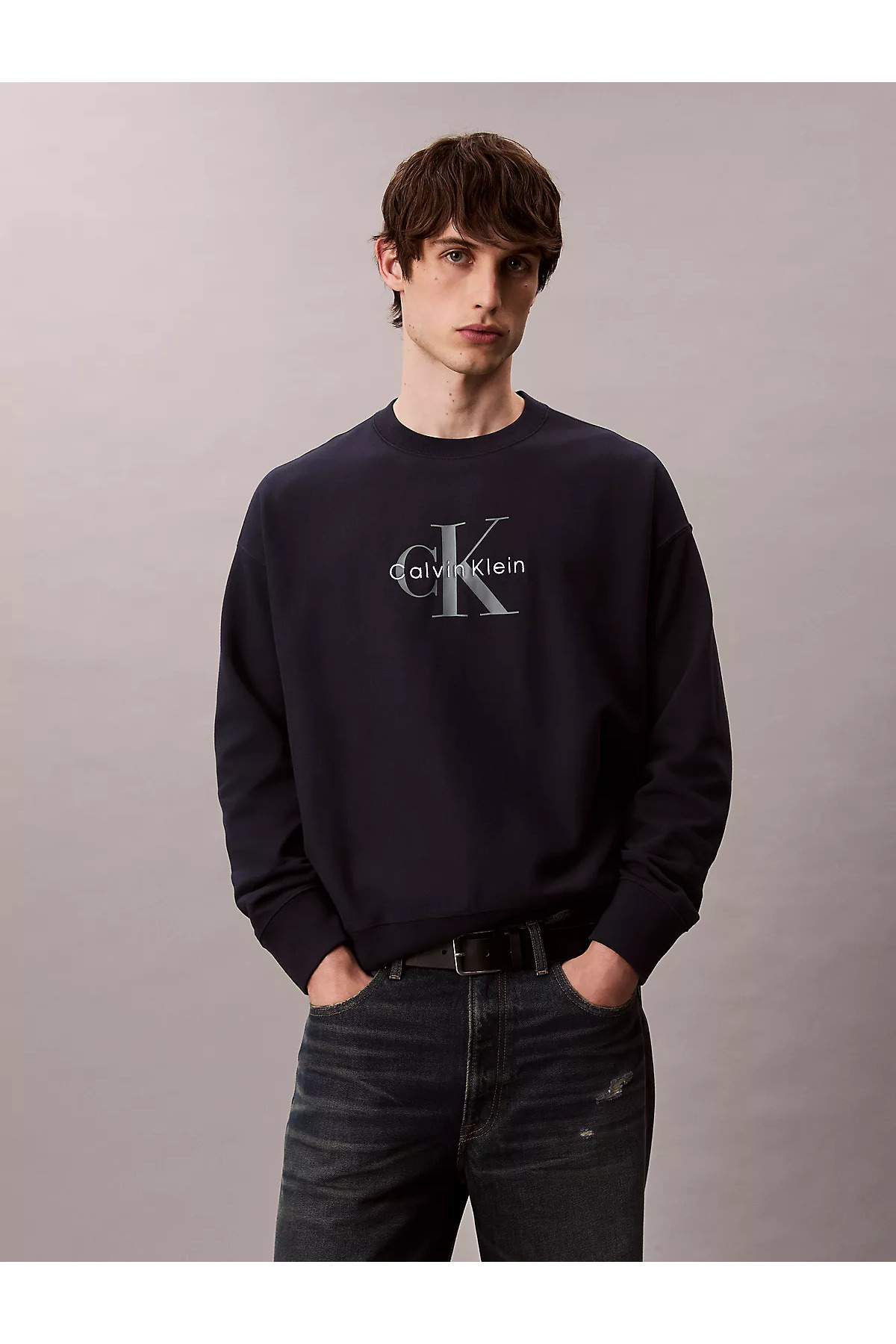 کلوین کلاین سویشرت مردانه ۱۰۰٪ پنبه CK یقه گرد آستین بلند سرمه ای/بژ ​​LV04RD242G-LAC/BEJ