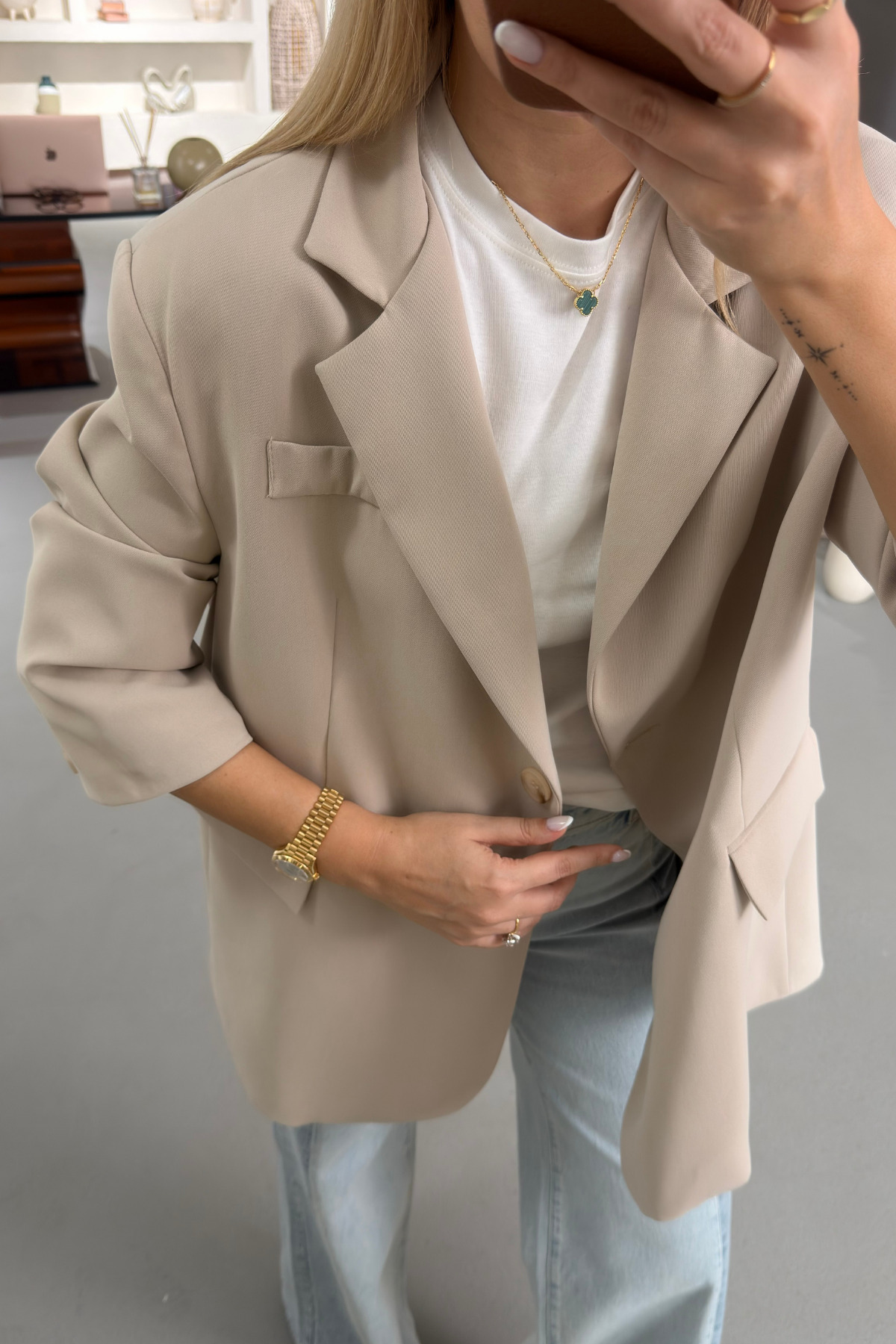 Sezgi Tekin  Oversize Kemik Düğmeli Taş Blazer Ceket - Görsel 2