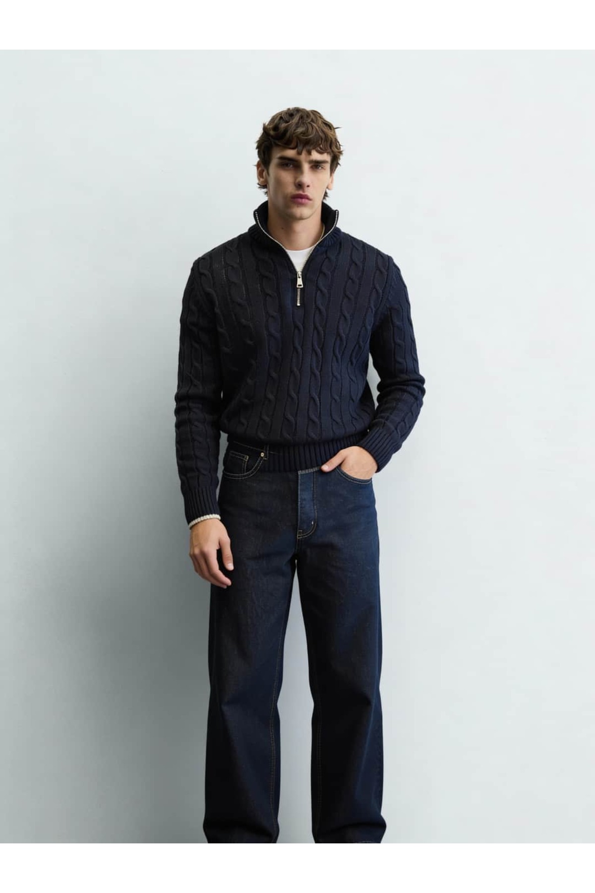 Atelier Old Money Montclair Cable Half Zip Lacivert Kazak FW5952 görsel 3