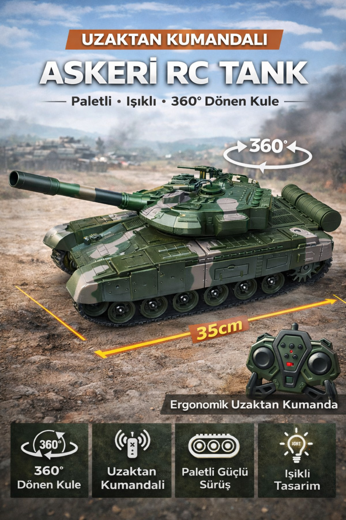 YILDIRIM OYUNCAK Uzaktan Kumandalı Askeri RC Tank 35 cm | Işıklı