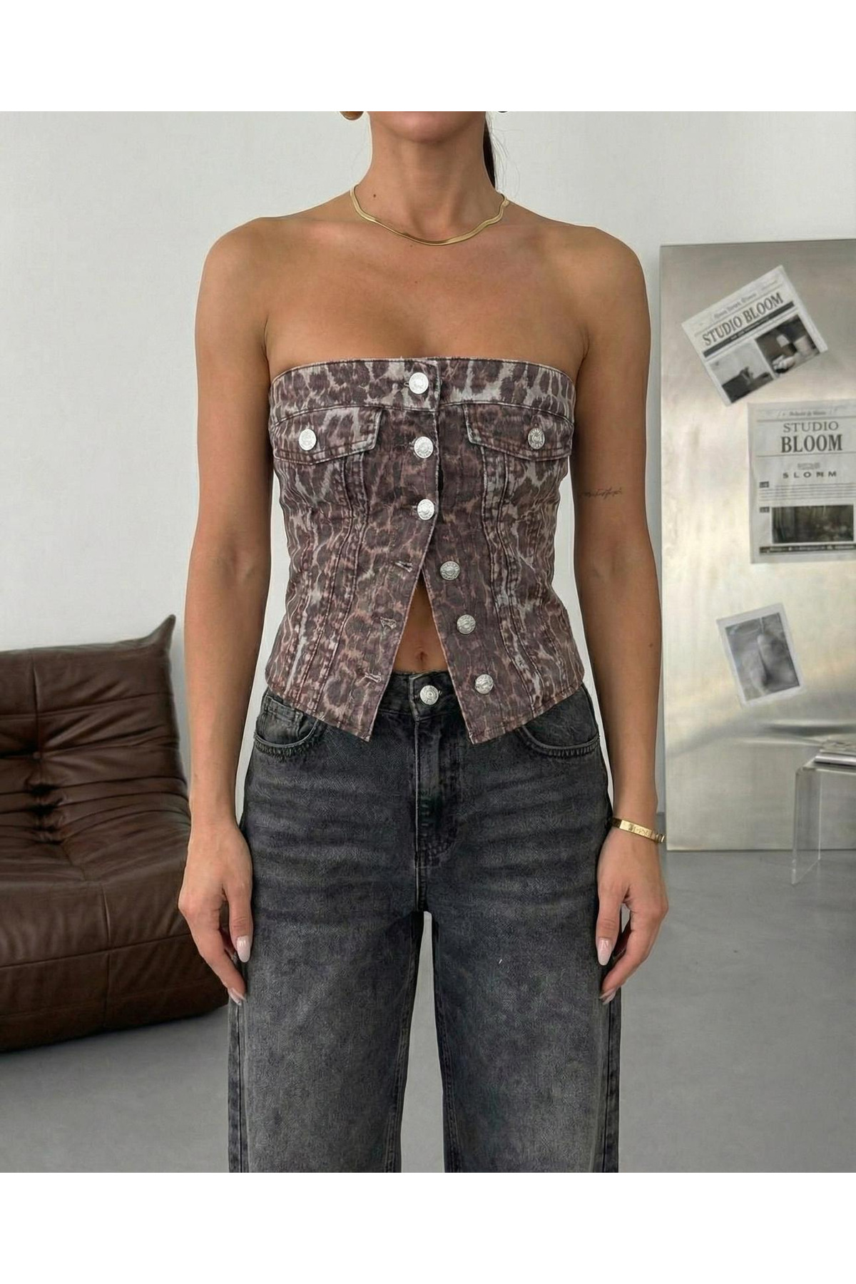 HerTon  Kadın %100 Pamuk Denim Büstiyer – Straplez Düğmeli Modern Crop Top