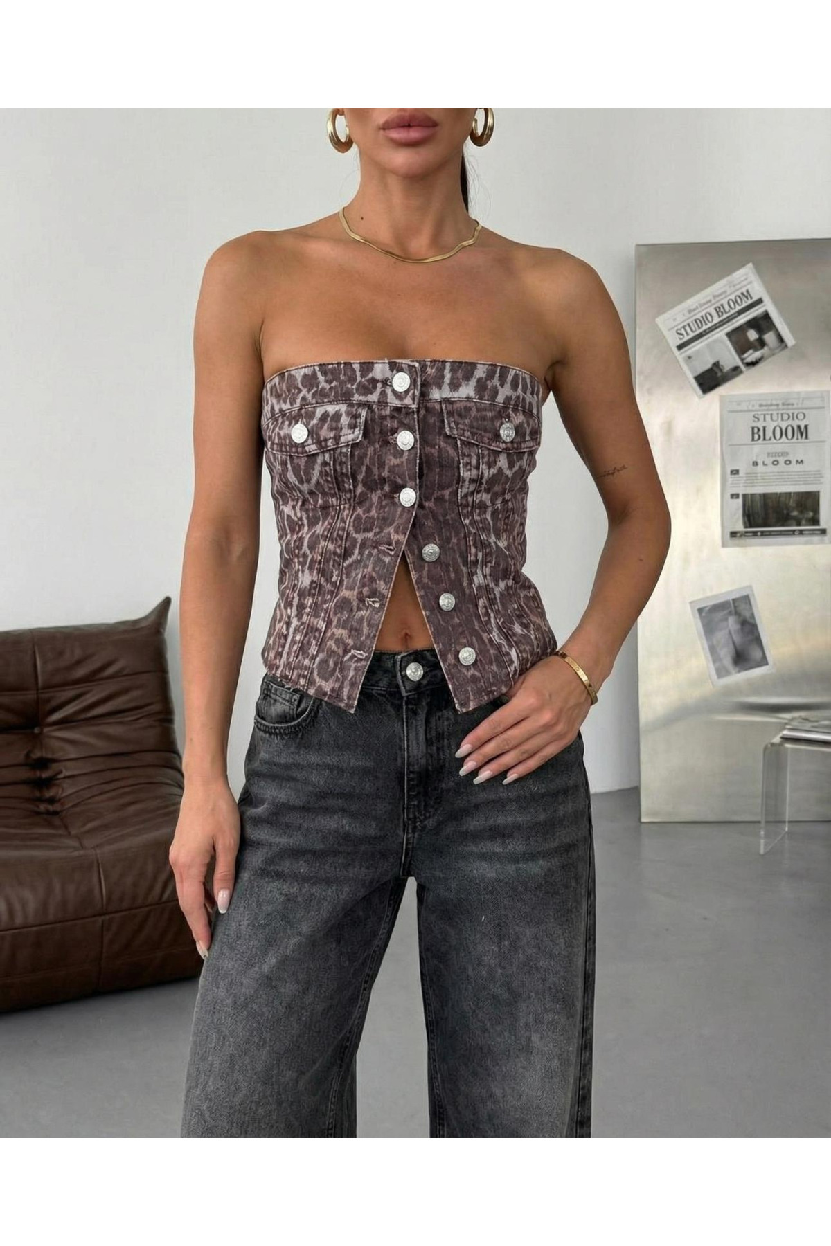 HerTon  Kadın %100 Pamuk Denim Büstiyer – Straplez Düğmeli Modern Crop Top - Görsel 5