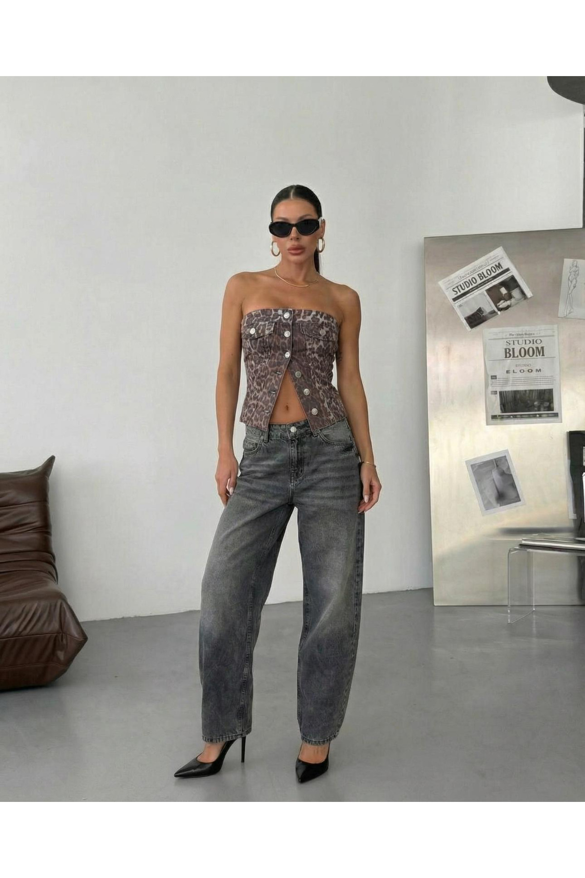 HerTon  Kadın %100 Pamuk Denim Büstiyer – Straplez Düğmeli Modern Crop Top - Görsel 3