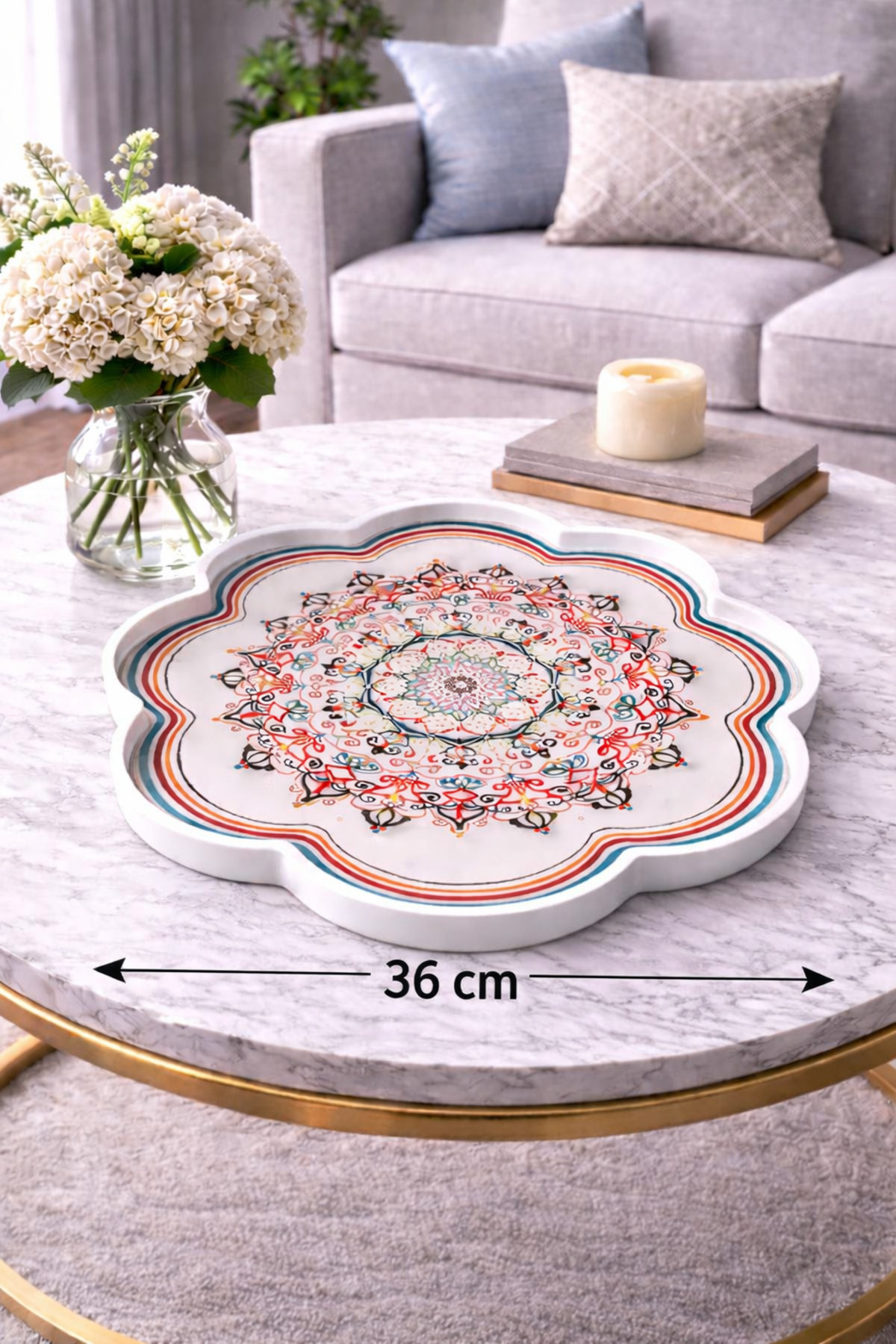 Zucci Home 36 cm Çiçek Desenli Cam Dekoratif Tepsi | Akdeniz