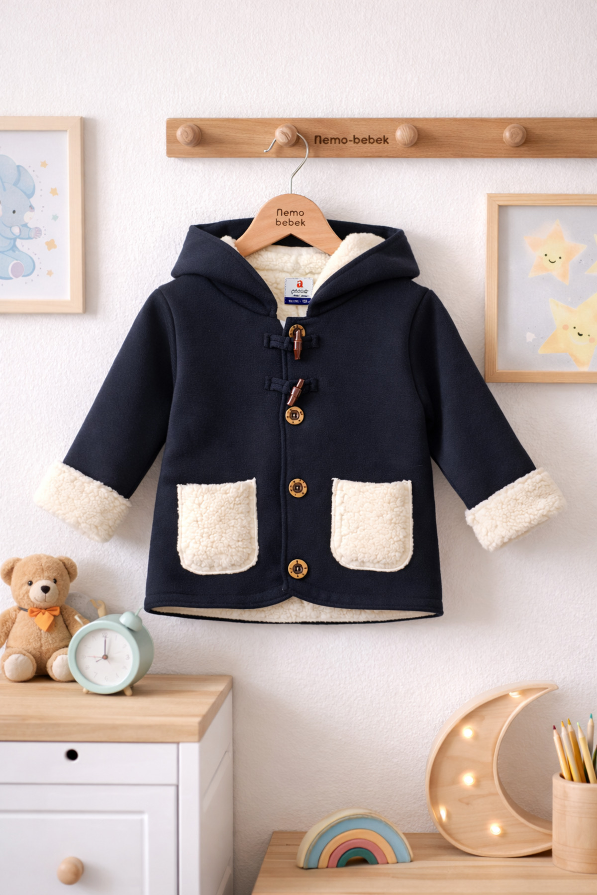 Babexi Peluş Astarlı Lacivert Kapüşonlu Bebek Hırkası – Kışlık Unisex fotoğrafı 2 (önizleme)