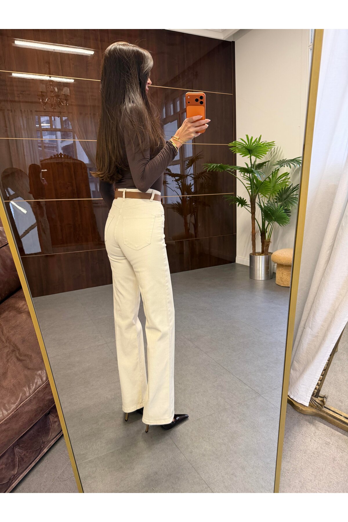 BOLESA GİYİM  Bej Yüksek Bel Kemerli Wide Leg Pantolon - Görsel 4